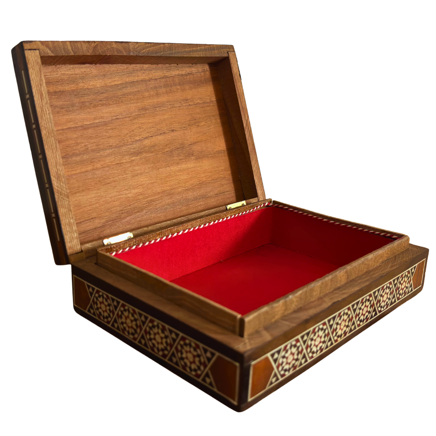 Boîte à bijoux vintage en mosaïque de chameau – Art damasquiné artisanal de 1970 avec incrustation de perle