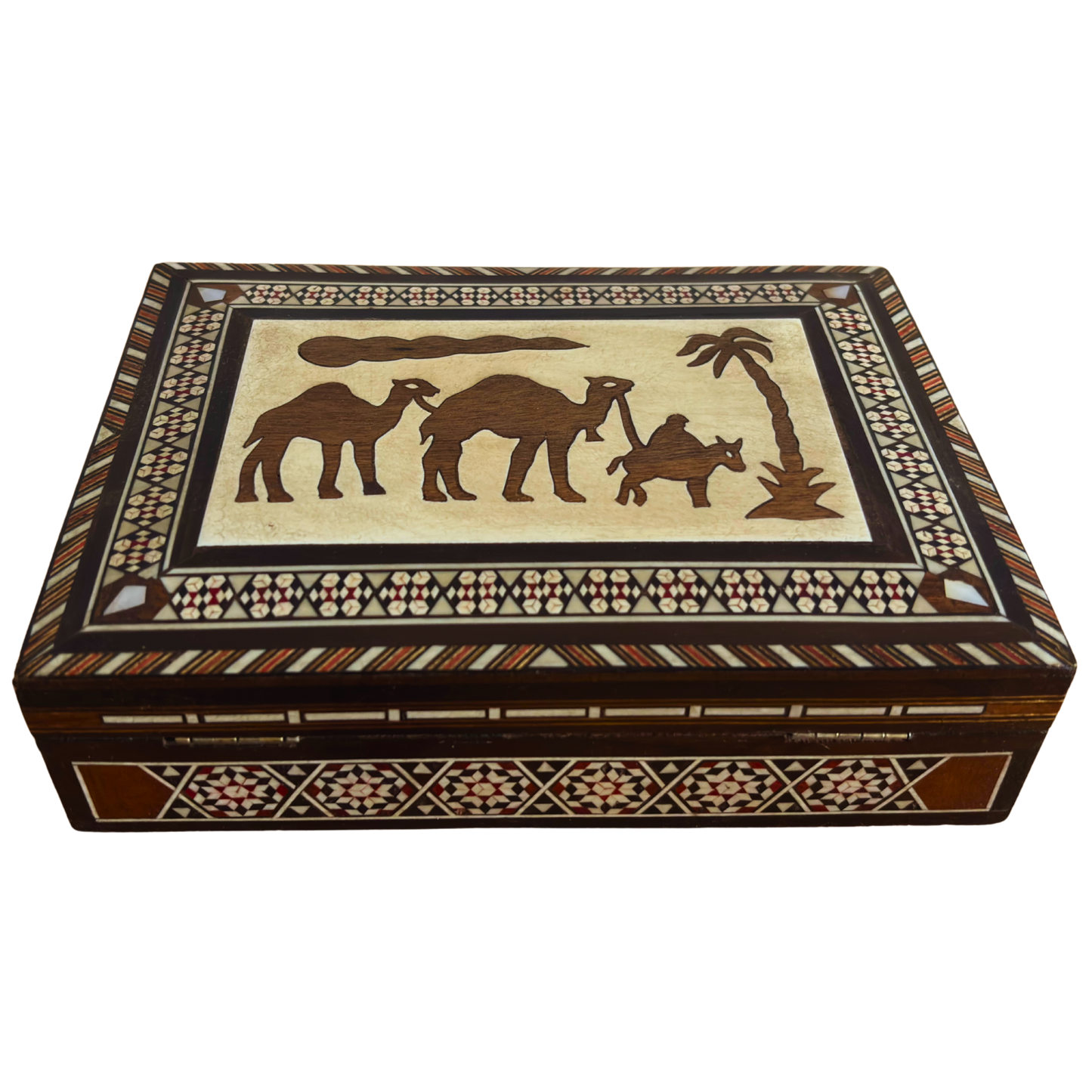 Boîte à bijoux vintage en mosaïque de chameau – Art damasquiné artisanal de 1970 avec incrustation de perle