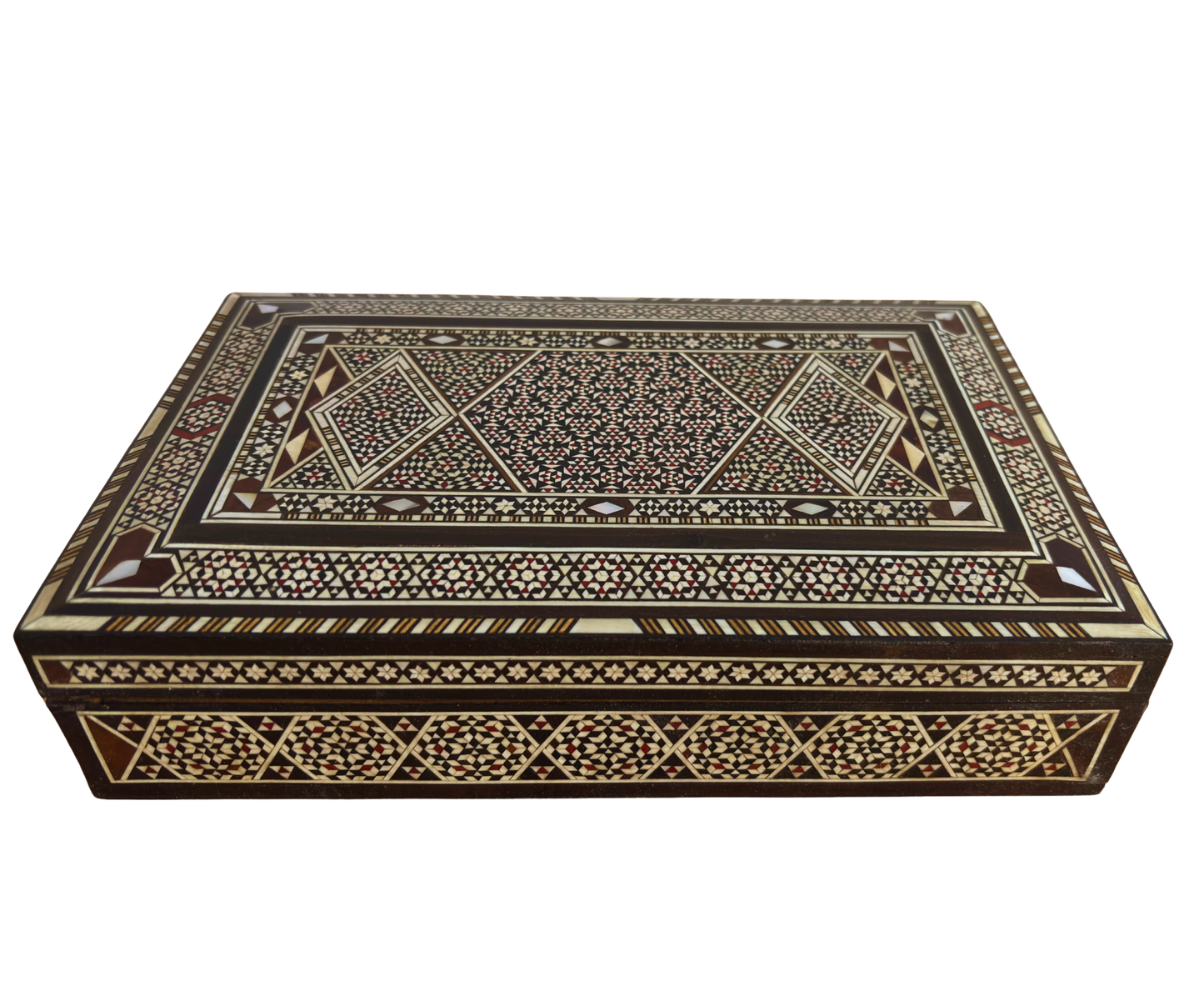 Boîte à bijoux damascène vintage de 1970, coffret en bois fait main, incrustations de nacre, trésor artisanal syrien