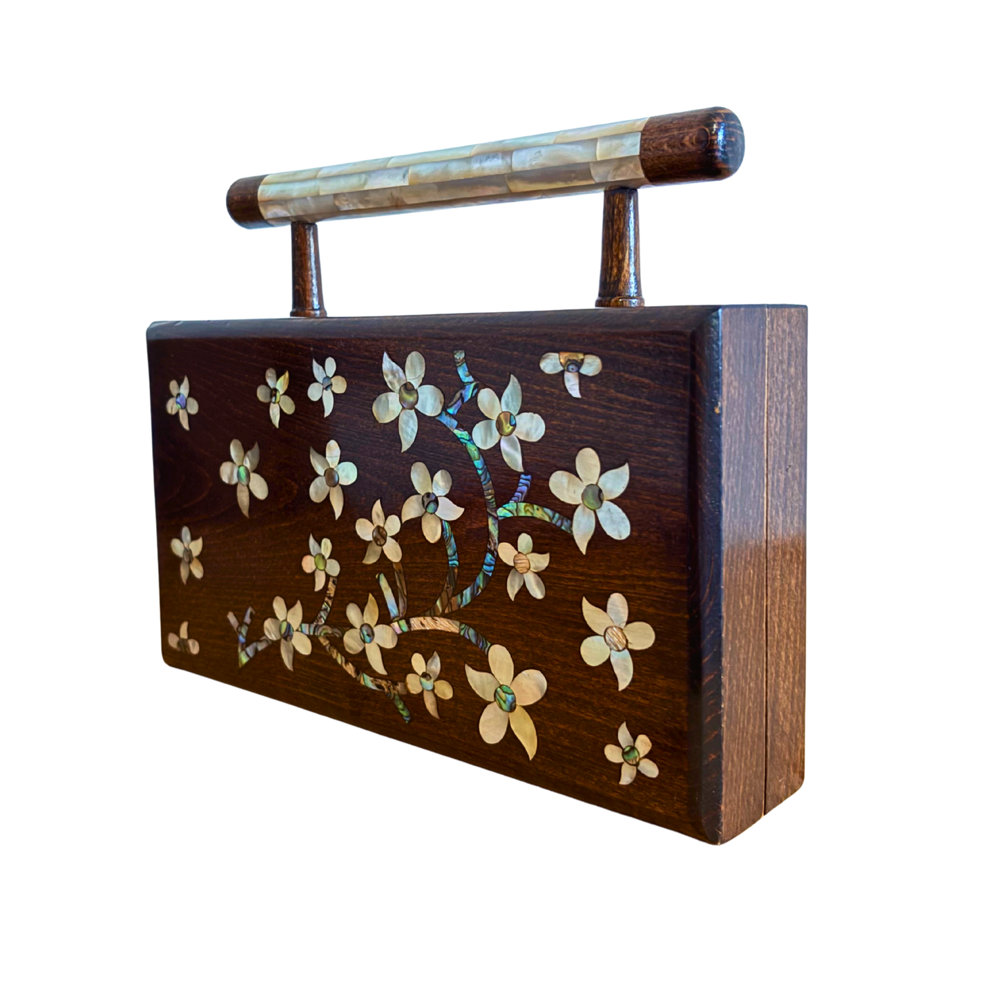 Der Jasmin von Damaskus – Handgefertigte Damaszener Clutch aus Nussbaumholz mit Perlmuttintarsien & Brokatfutter