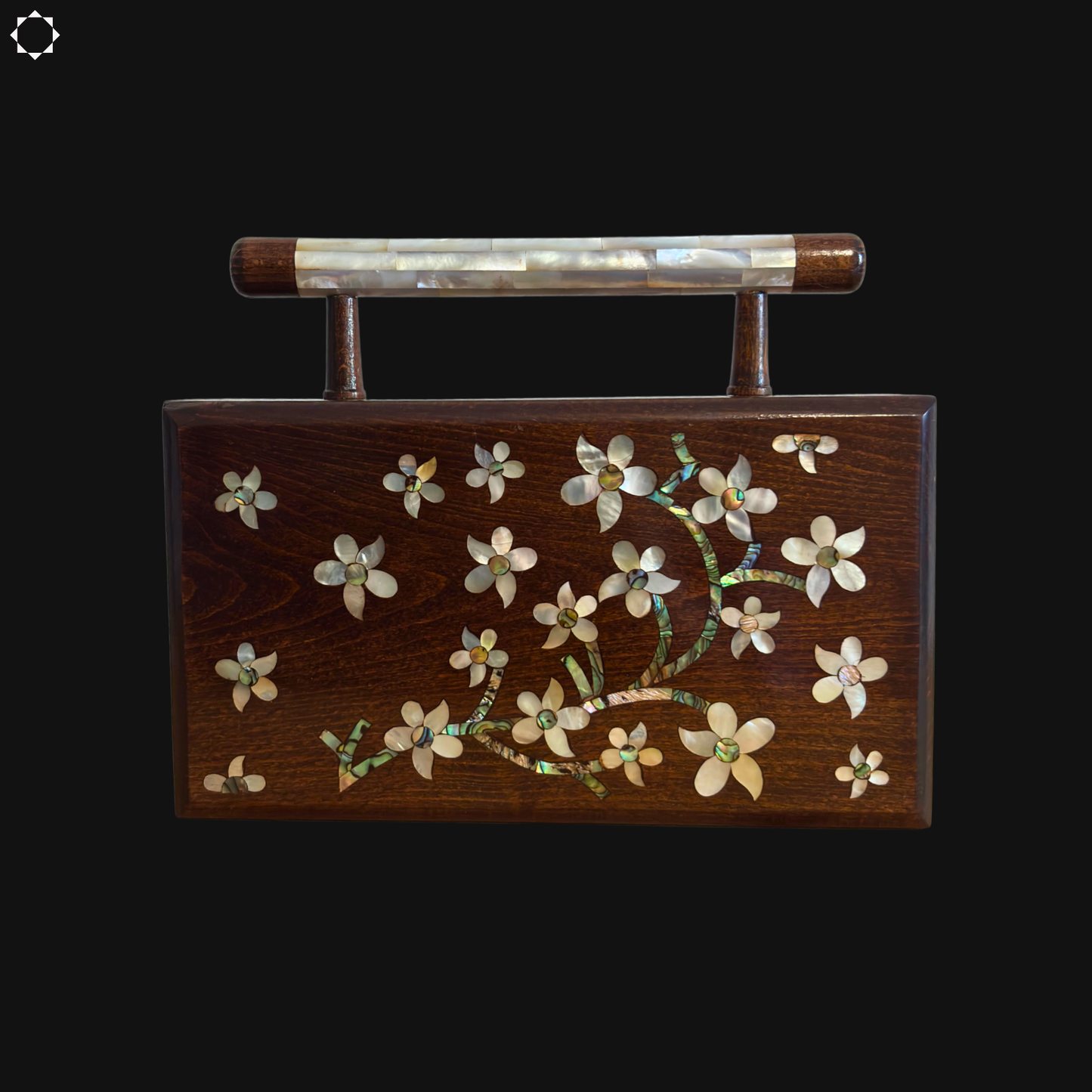 Der Jasmin von Damaskus – Handgefertigte Damaszener Clutch aus Nussbaumholz mit Perlmuttintarsien & Brokatfutter