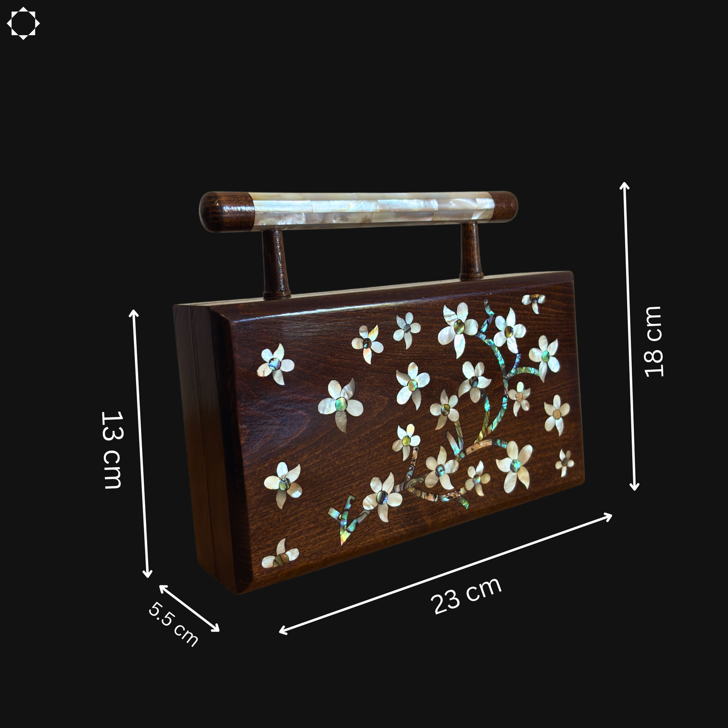 Der Jasmin von Damaskus – Handgefertigte Damaszener Clutch aus Nussbaumholz mit Perlmuttintarsien & Brokatfutter