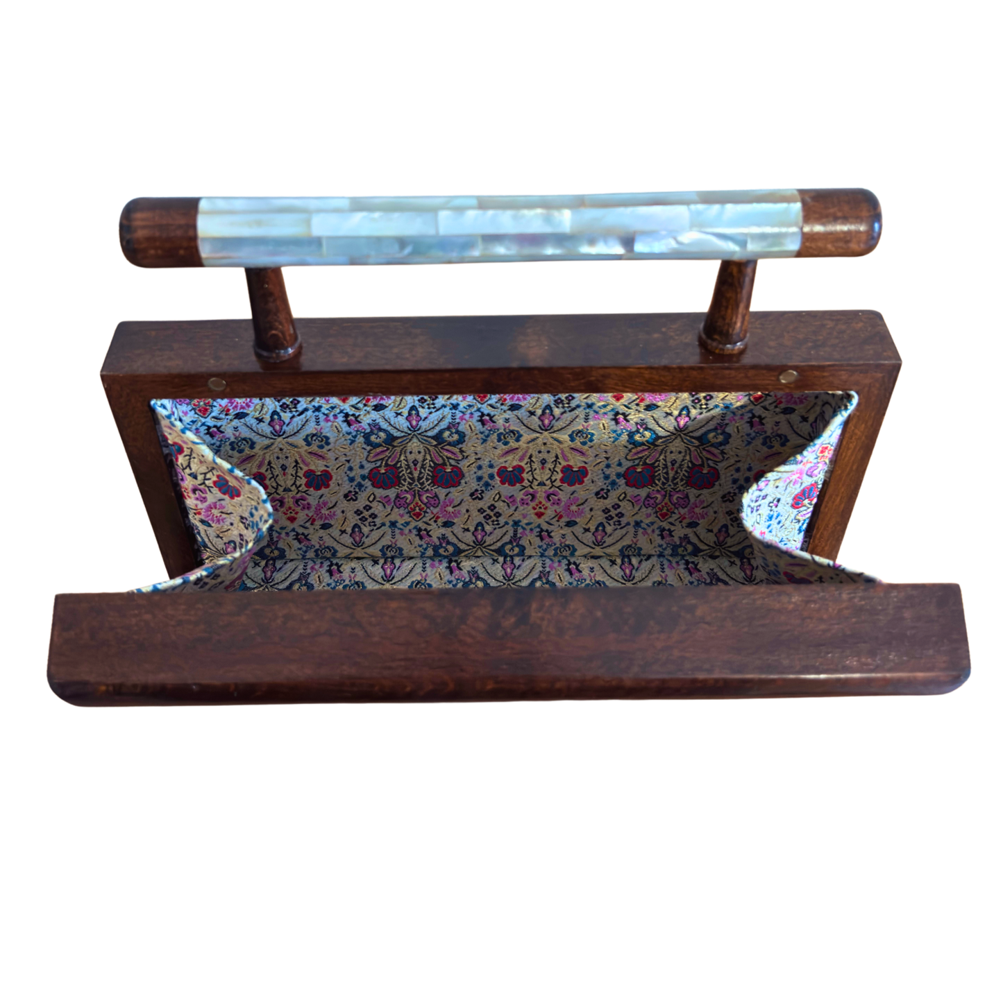 Der Jasmin von Damaskus – Handgefertigte Damaszener Clutch aus Nussbaumholz mit Perlmuttintarsien & Brokatfutter