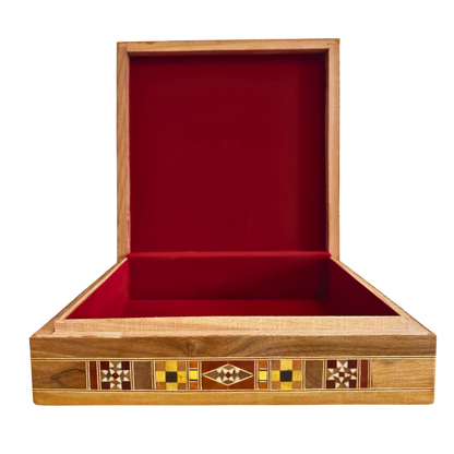 Large Damascene Mosaic Box – Handcrafted Square Jewelry Chest with Fine Wood Inlay and Velvet Interior
