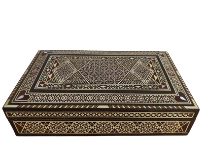 صندوق مجوهرات موزاييك دمشقي عتيق من عام 1970 – تحفة يدوية سورية من الخشب المطعّم بالصدف، لحفظ الذكريات الثمينة