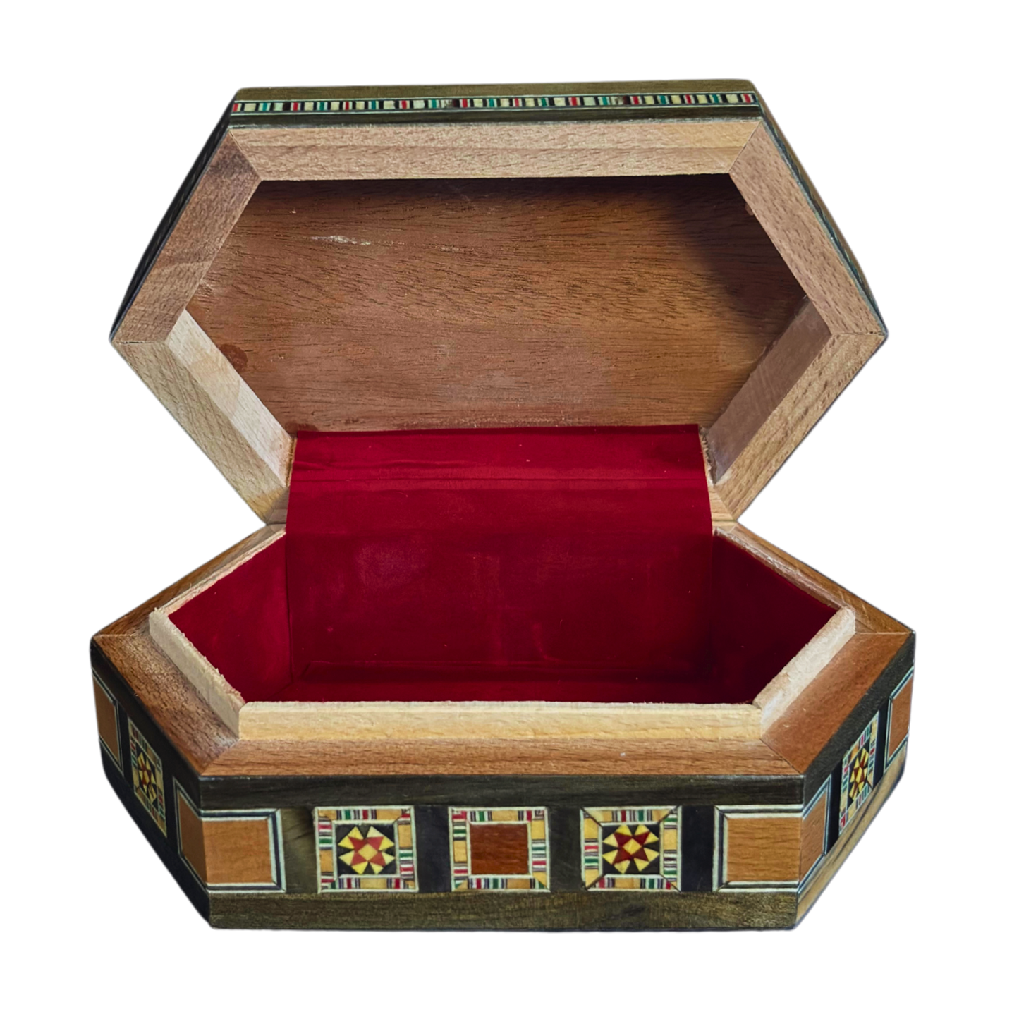 Luxe Damascene mozaïekdoos met echte parelmoerinleg en wijnrood fluwelen interieur.