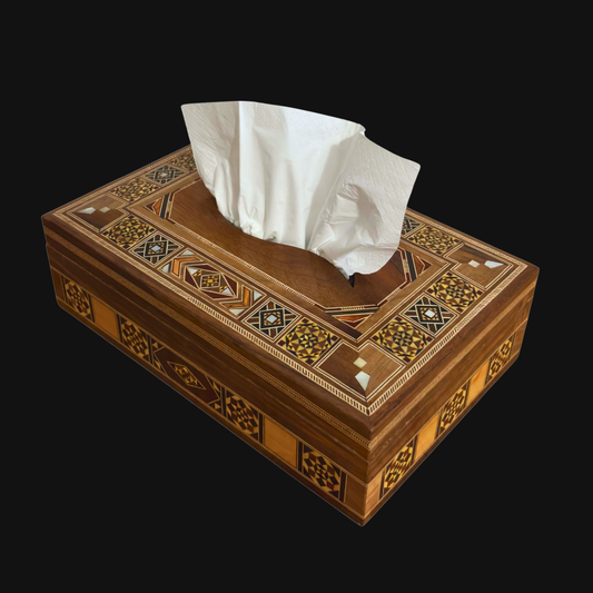 Elegant Damascene Mosaic Wooden Tissue Box – Mother of Pearl Inlay & Velvet Interior