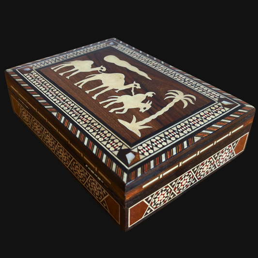 Medium 1970 Vintage Camel Damascene Mosaic Box -Brown-